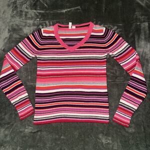 Old Navy Y2K Sweater Girl's XL Multicolor Pink Striped Knitted VNeck Long Sleeve